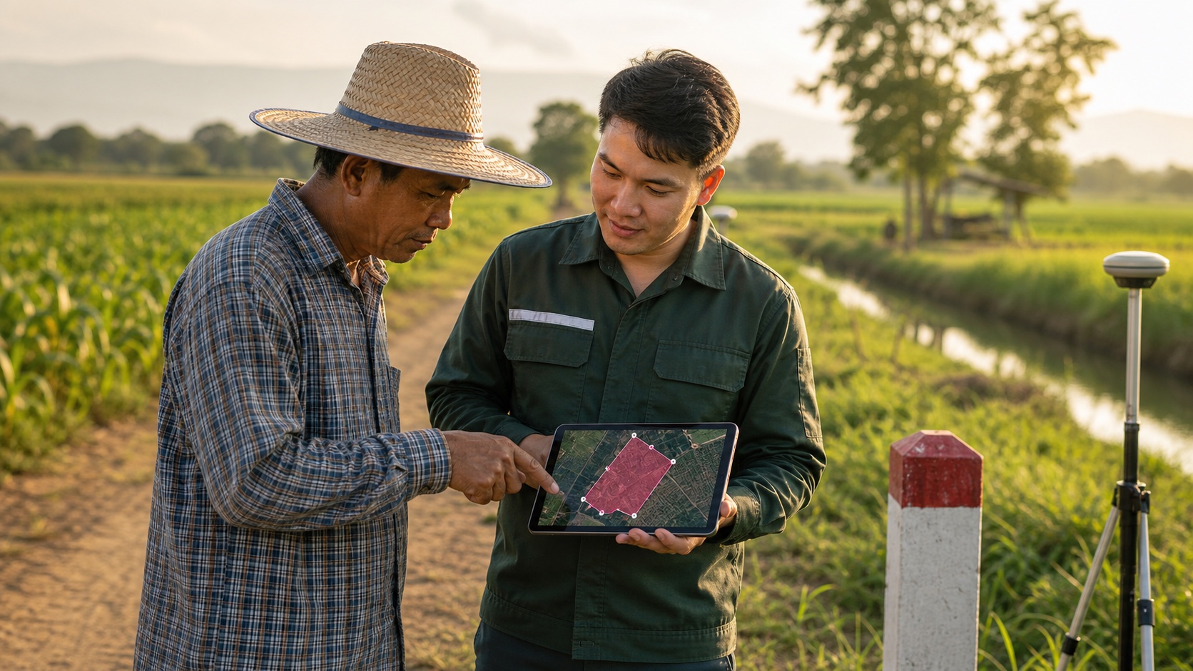A landowner and survey team review parcel data on a tablet