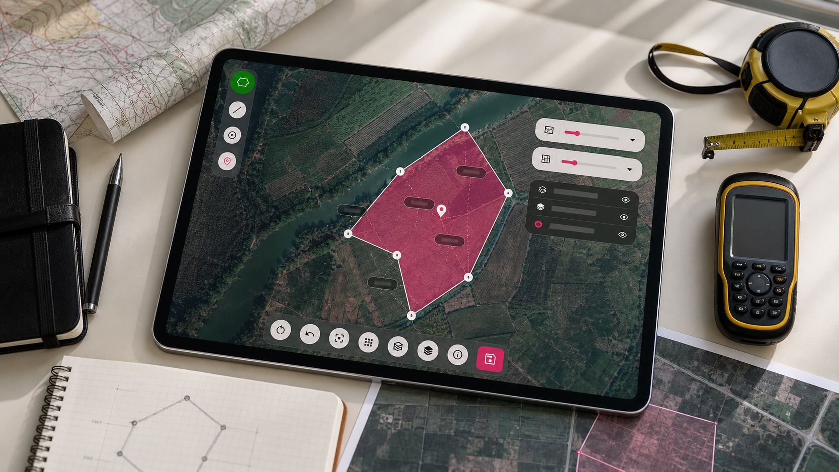 Map workspace showing area measurement and surveying tools on a tablet
