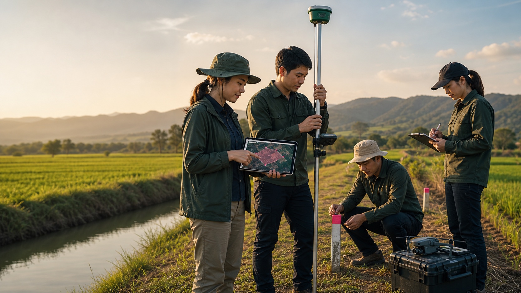 A field survey team uses GLand Measure with surveying equipment
